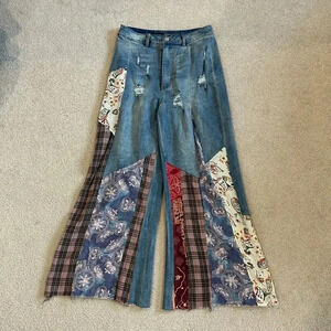Boho Patchwork Wide-Leg Jeans - Blue